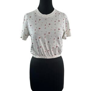Wilfred White Red Crop Top Floral Crew Neck Short Sleeve Pullover Size Medium M